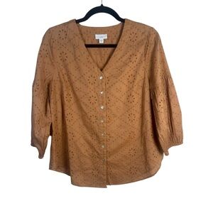J.Jill Eyelet Lantern Sleeve Button Front Peasant Cottagecore Top Size XS